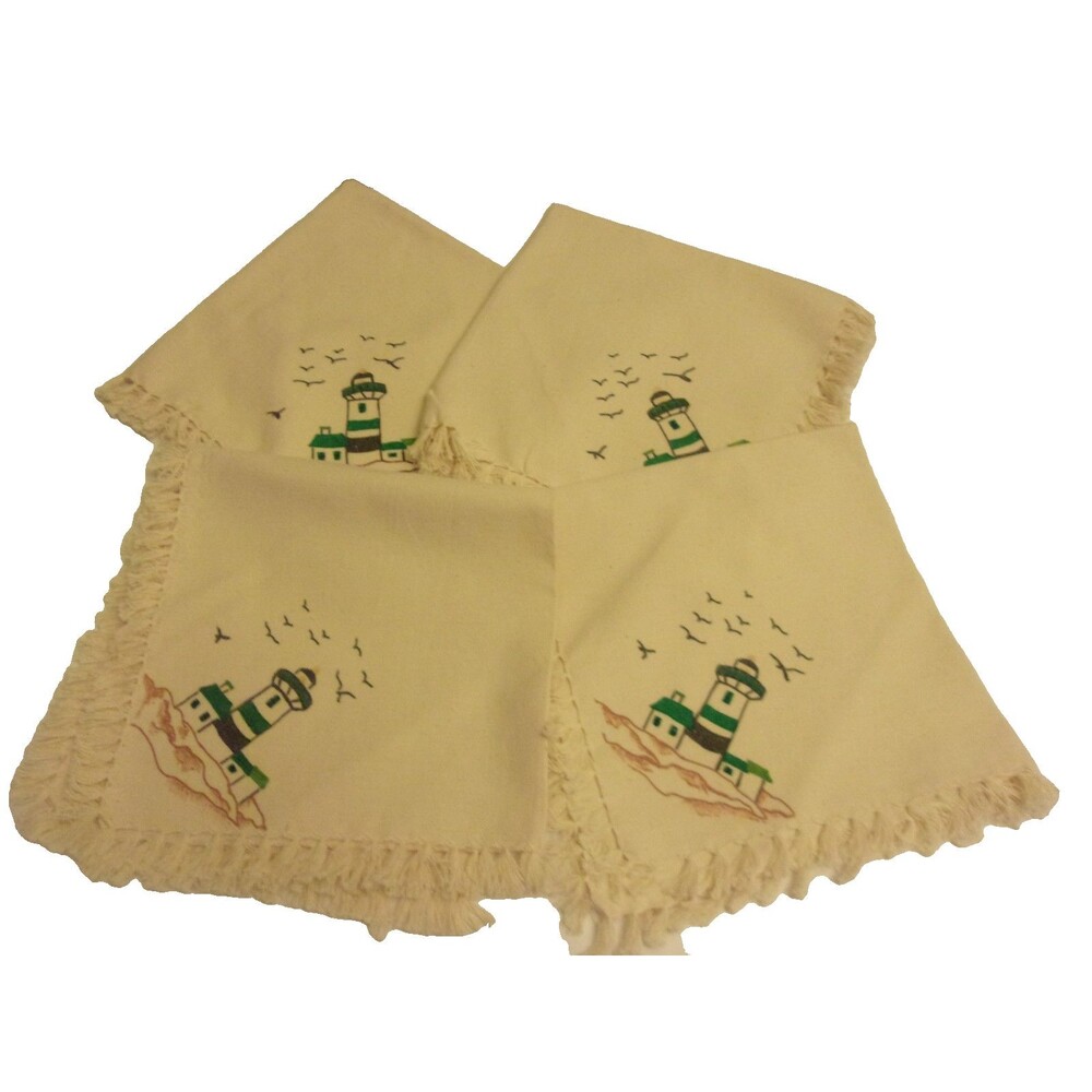Lighthouse Design Set of 4  Fabric Napkins 17" Square Tassels Off-White